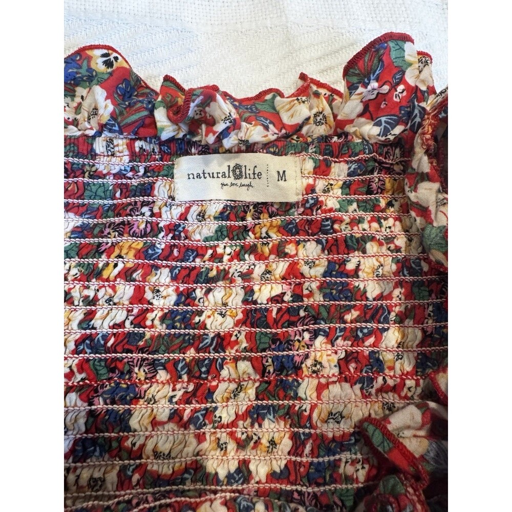 Natural Life Womens M Floral Smocked Maxi Dress Red Boho Cottagecore Rayon Slit - Picture 4 of 9
